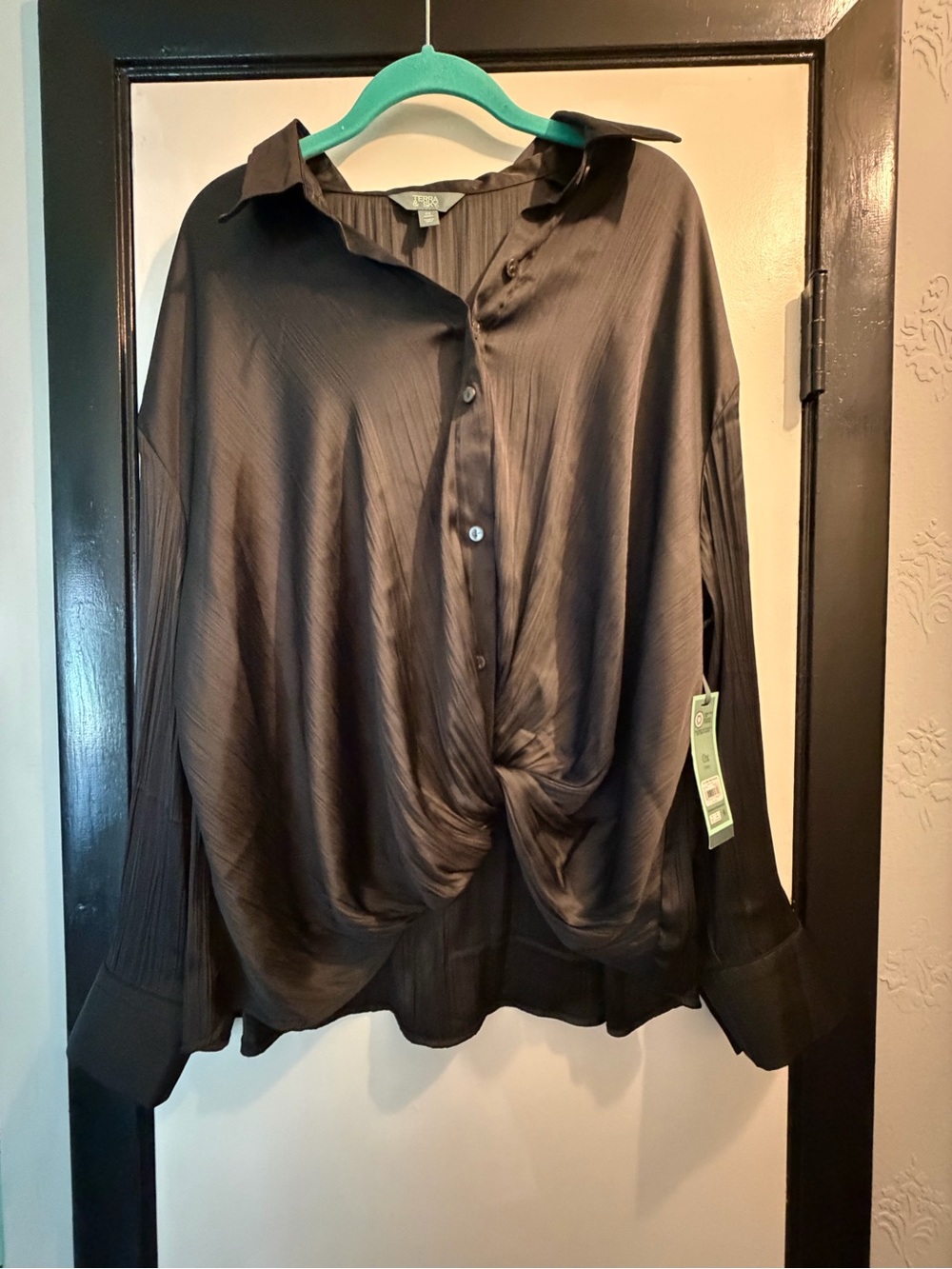 Terra & Sky Black Draped Button-Front Blouse